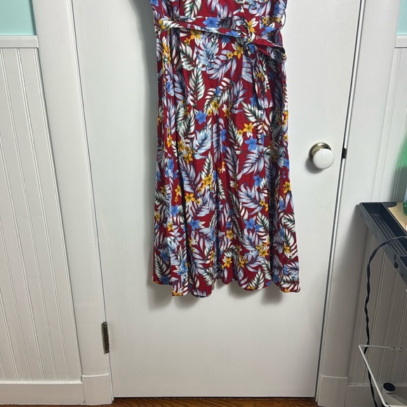 Royal Monk Red Tropical Print Floral Tie Front V Neck Midi Dress Size Large - Picture 5 of 13